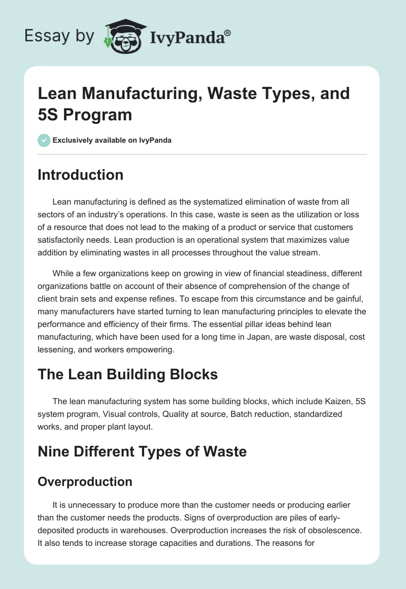 Lean Manufacturing, Waste Types, and 5S Program. Page 1