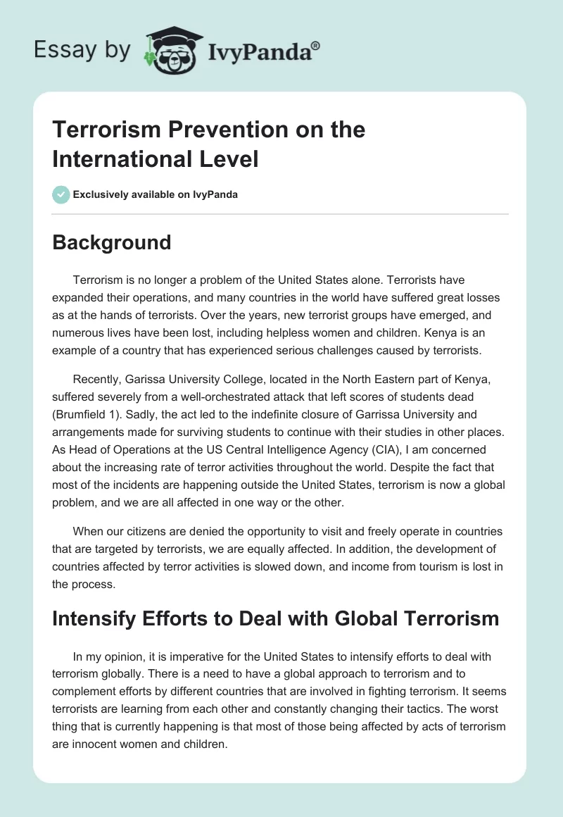 Terrorism Prevention on the International Level. Page 1