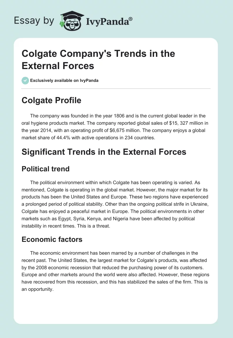 Colgate Company's Trends in the External Forces. Page 1