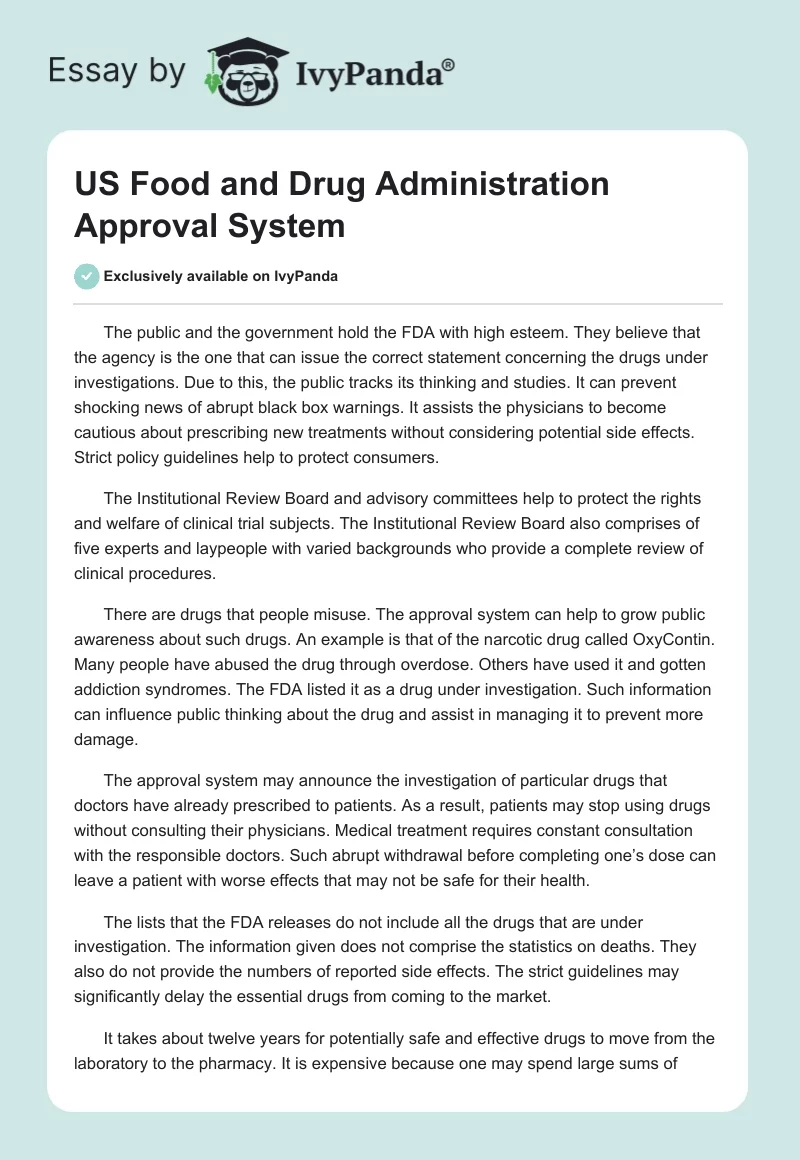 US Food and Drug Administration Approval System. Page 1