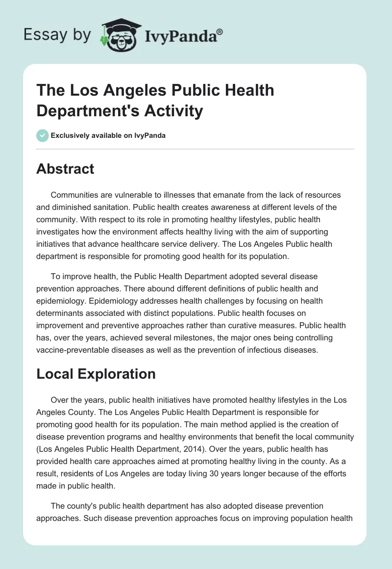 The Los Angeles Public Health Department's Activity. Page 1