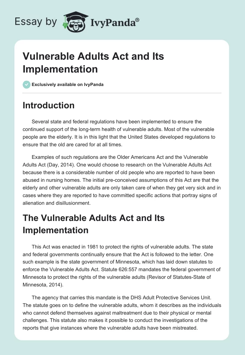 Vulnerable Adults Act and Its Implementation. Page 1