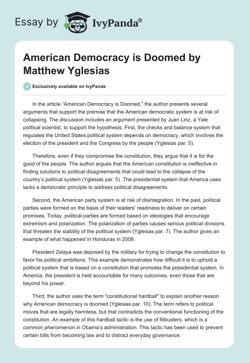 "American Democracy is Doomed" by Matthew Yglesias. Page 1