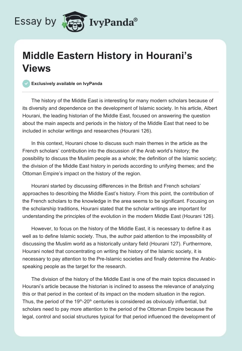 Middle Eastern History in Hourani’s Views. Page 1
