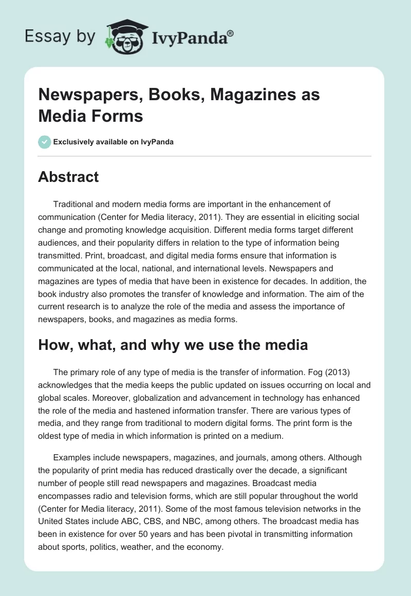 Newspapers, Books, Magazines as Media Forms. Page 1