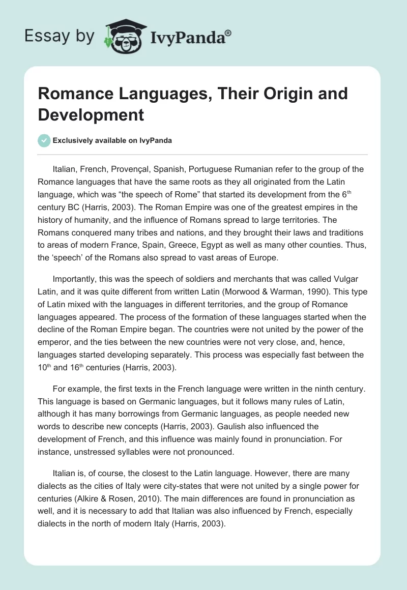 Romance Languages, Their Origin and Development. Page 1