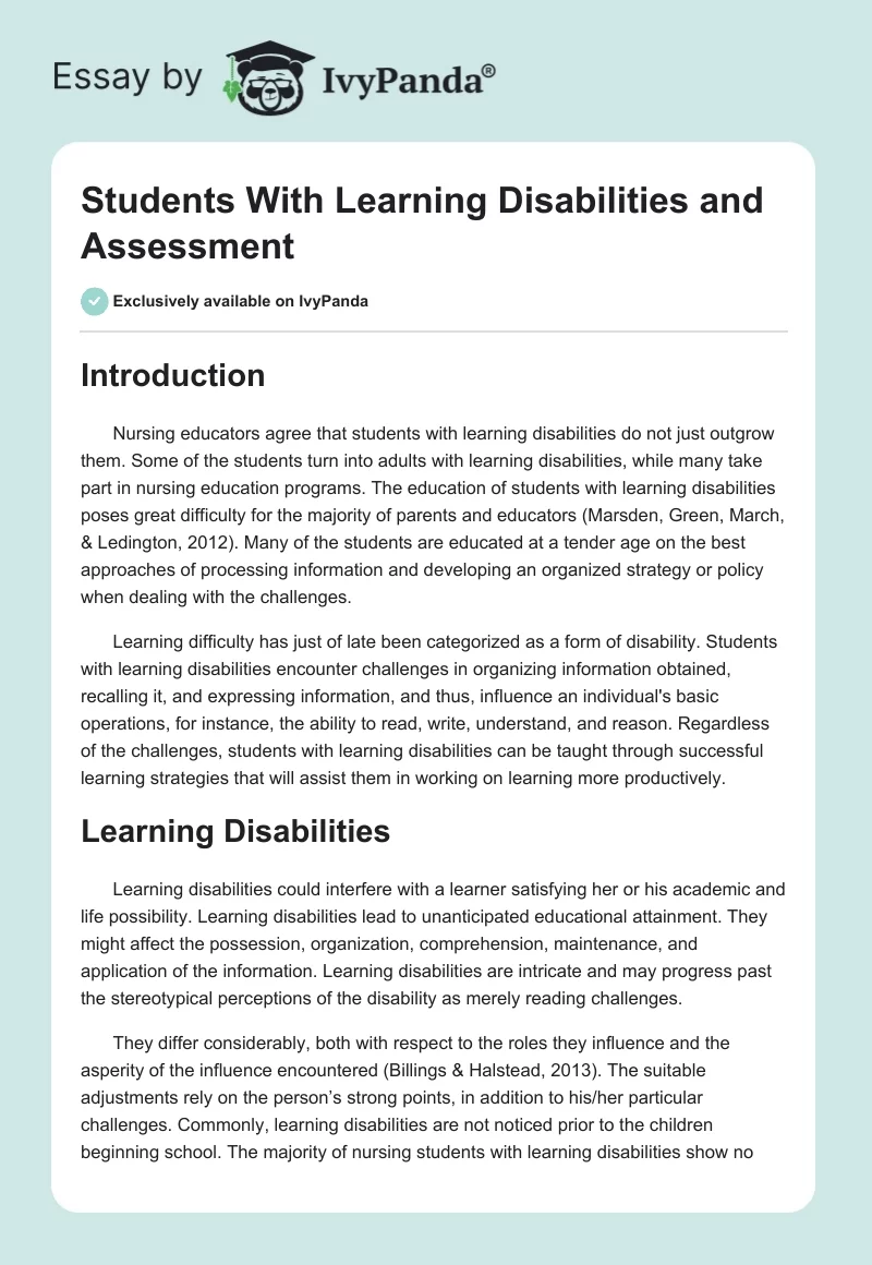 Students With Learning Disabilities and Assessment. Page 1