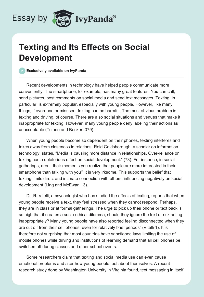 Texting and Its Effects on Social Development. Page 1
