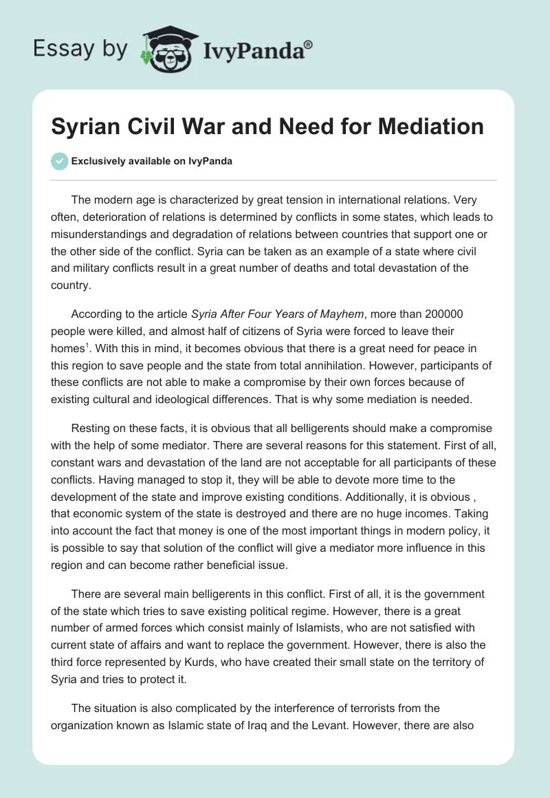 Syrian Civil War and Need for Mediation. Page 1