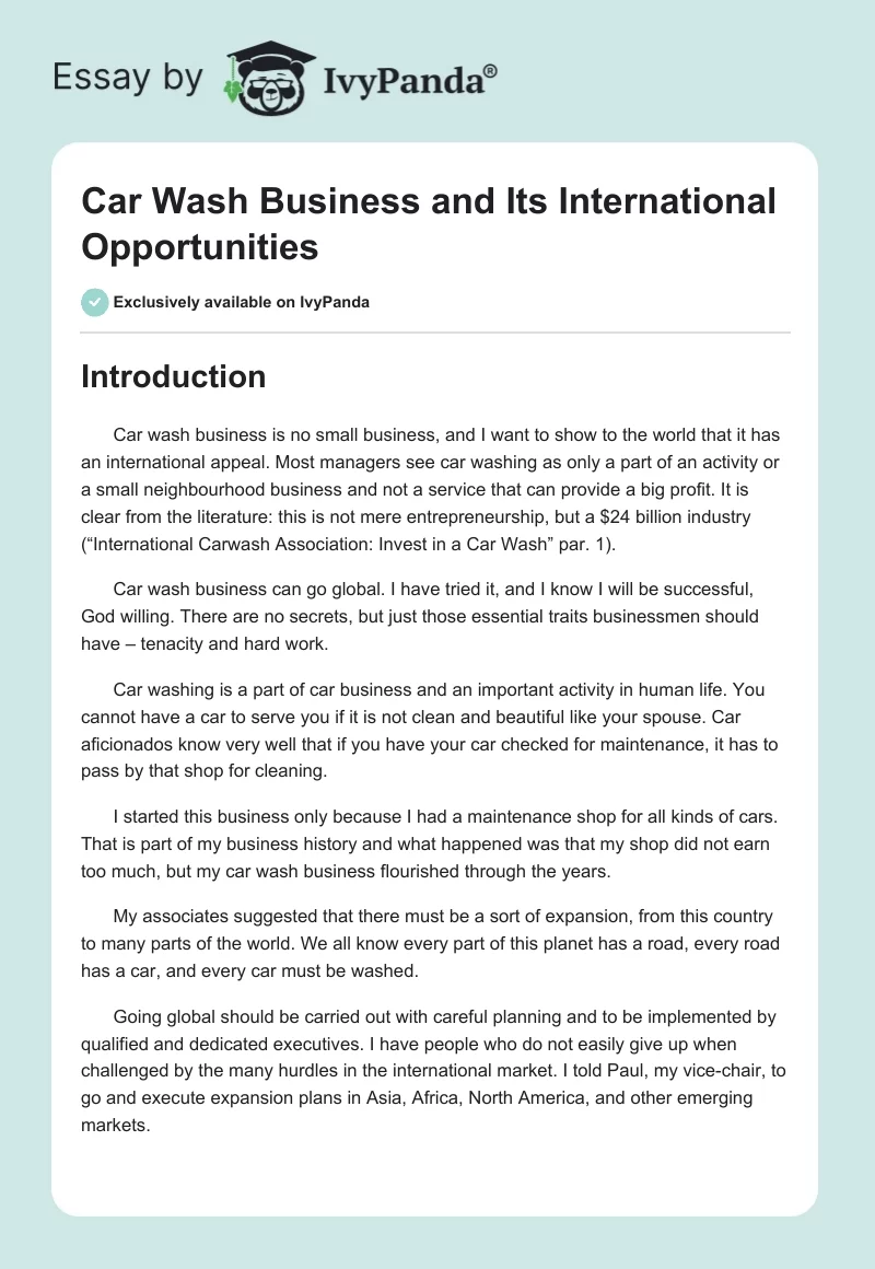 Car Wash Business and Its International Opportunities. Page 1