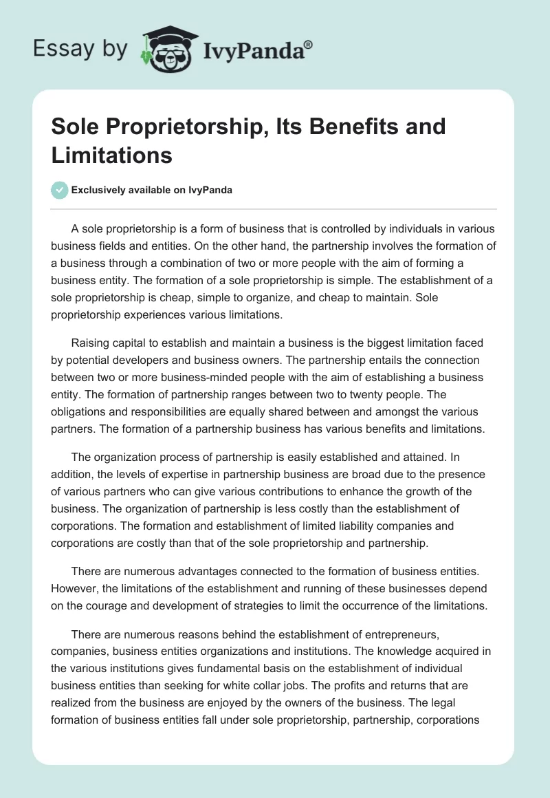 Sole Proprietorship, Its Benefits and Limitations. Page 1