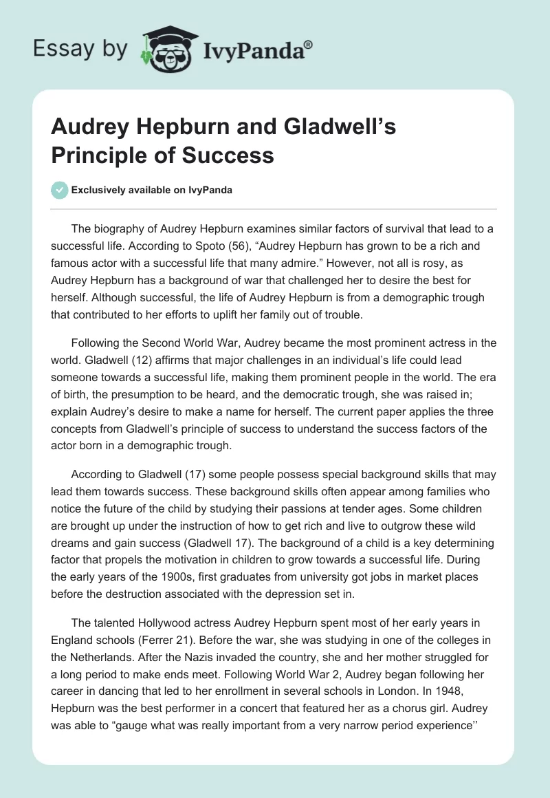 Audrey Hepburn and Gladwell’s Principle of Success. Page 1