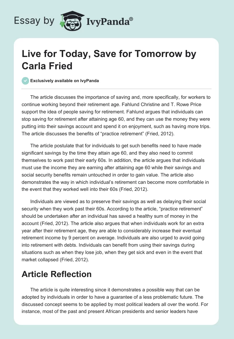"Live for Today, Save for Tomorrow" by Carla Fried. Page 1