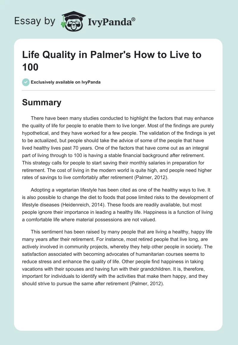 Life Quality in Palmer's "How to Live to 100". Page 1