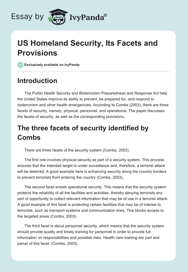 US Homeland Security, Its Facets and Provisions. Page 1