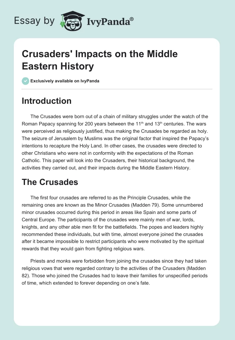 Crusaders' Impacts on the Middle Eastern History. Page 1
