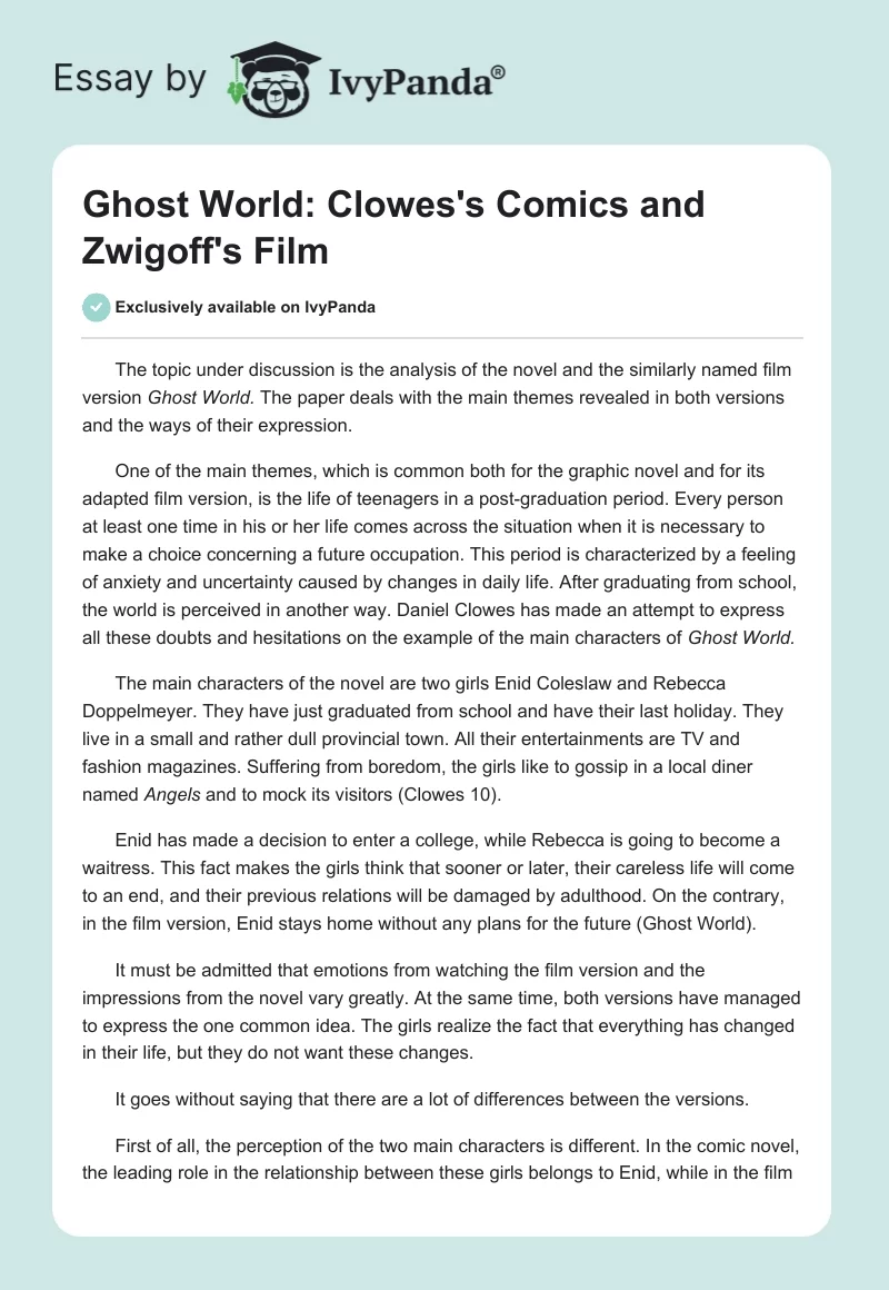 "Ghost World": Clowes's Comics and Zwigoff's Film. Page 1