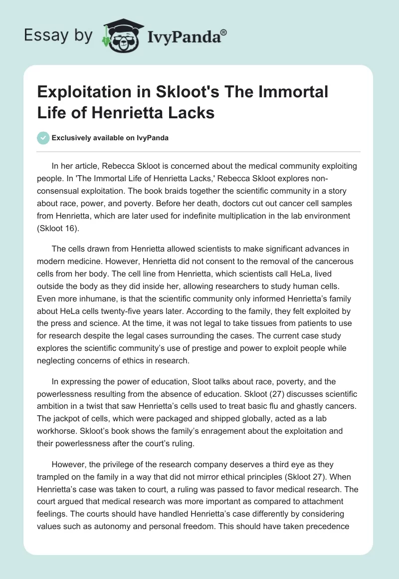 Exploitation in Skloot's "The Immortal Life of Henrietta Lacks". Page 1