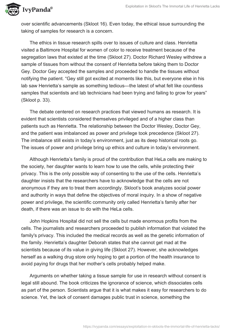 Exploitation in Skloot's "The Immortal Life of Henrietta Lacks". Page 2