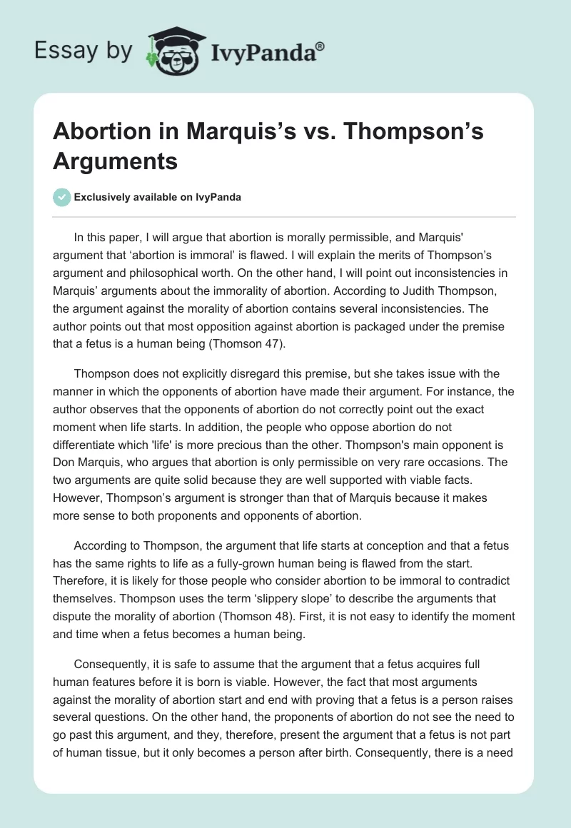 Abortion in Marquis’s vs. Thompson’s Arguments. Page 1