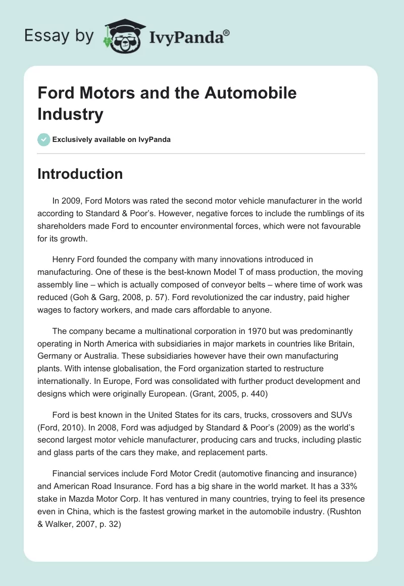 Ford Motors and the Automobile Industry. Page 1