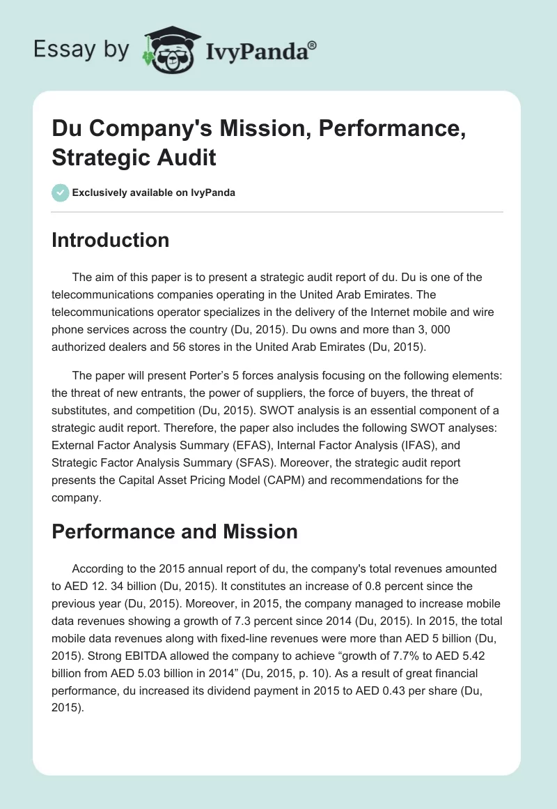 Du Company's Mission, Performance, Strategic Audit. Page 1