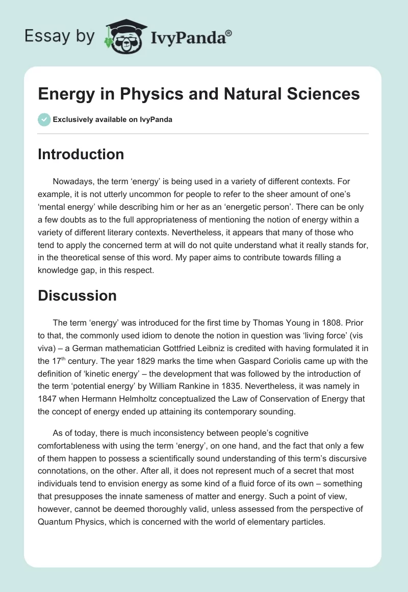 Energy in Physics and Natural Sciences. Page 1