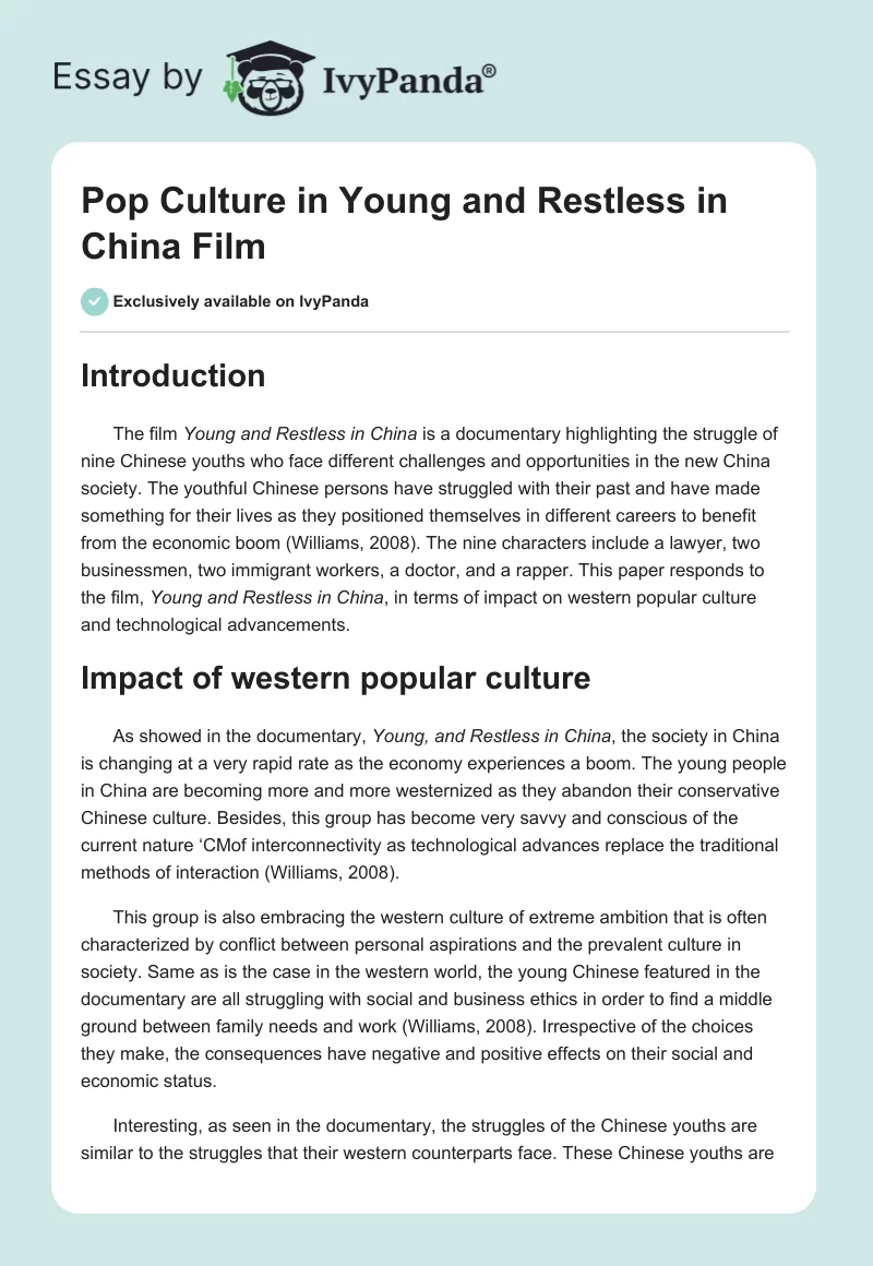 Pop Culture in "Young and Restless in China" Film. Page 1