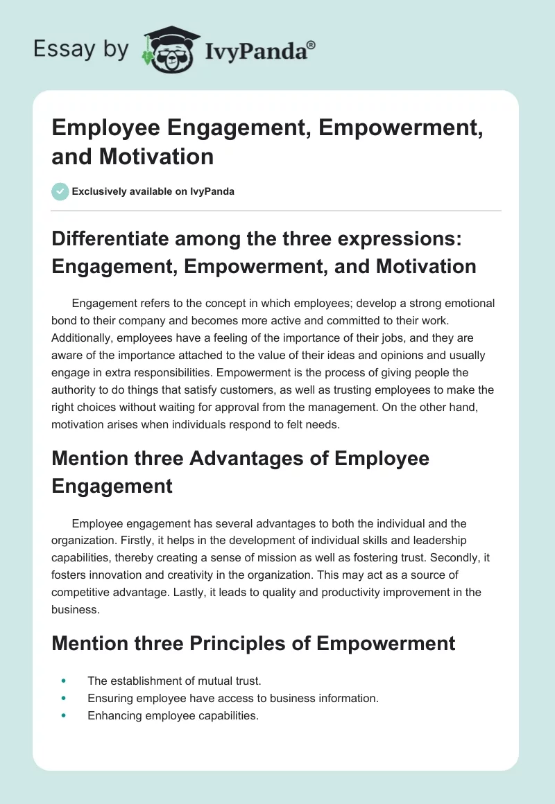 Employee Engagement, Empowerment, and Motivation. Page 1