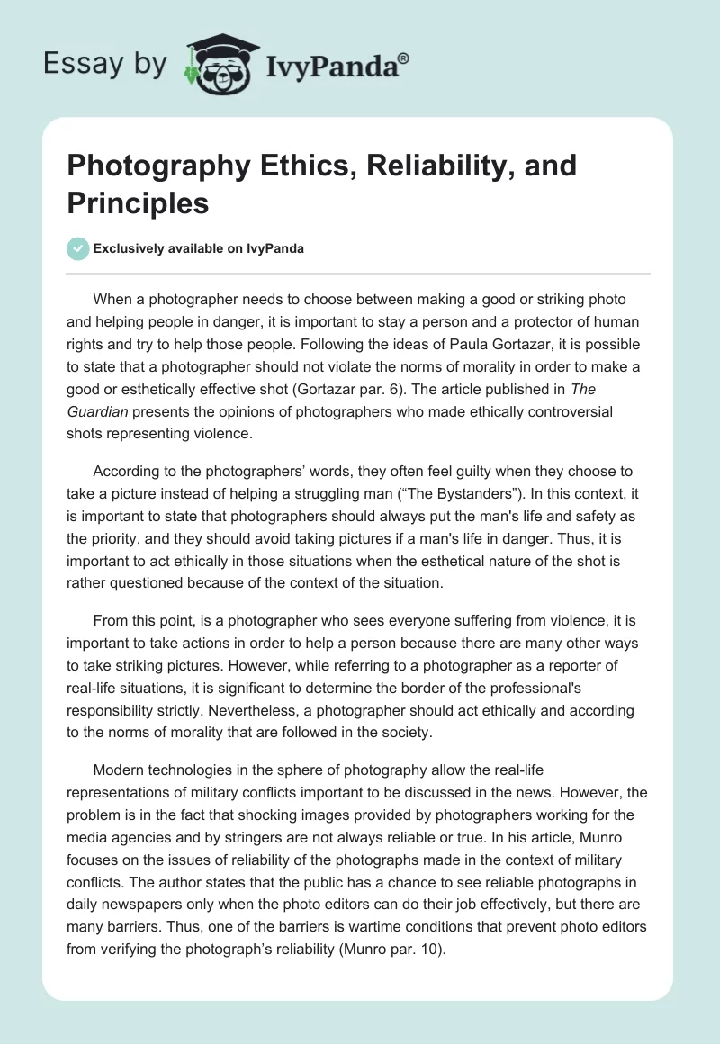 Photography Ethics, Reliability, and Principles. Page 1