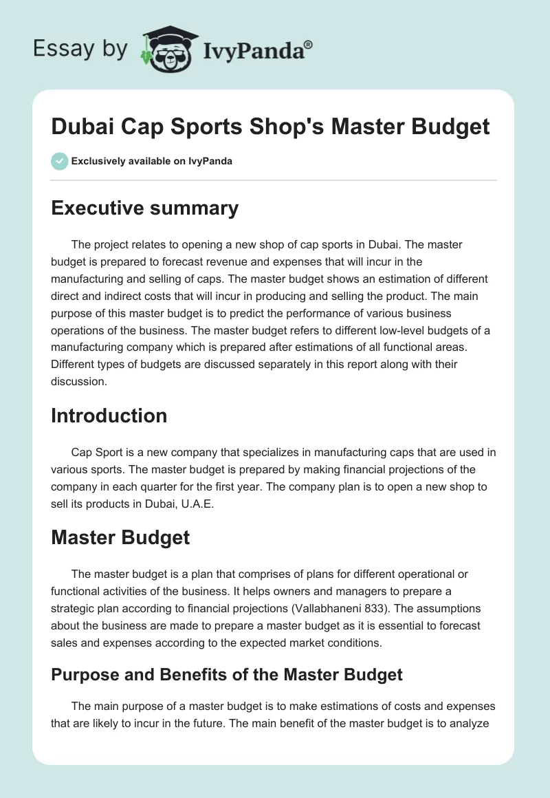 Dubai Cap Sports Shop's Master Budget. Page 1