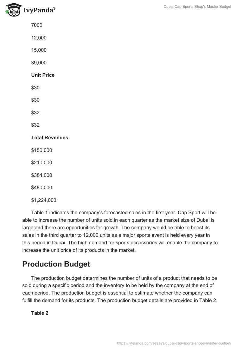 Dubai Cap Sports Shop's Master Budget. Page 3
