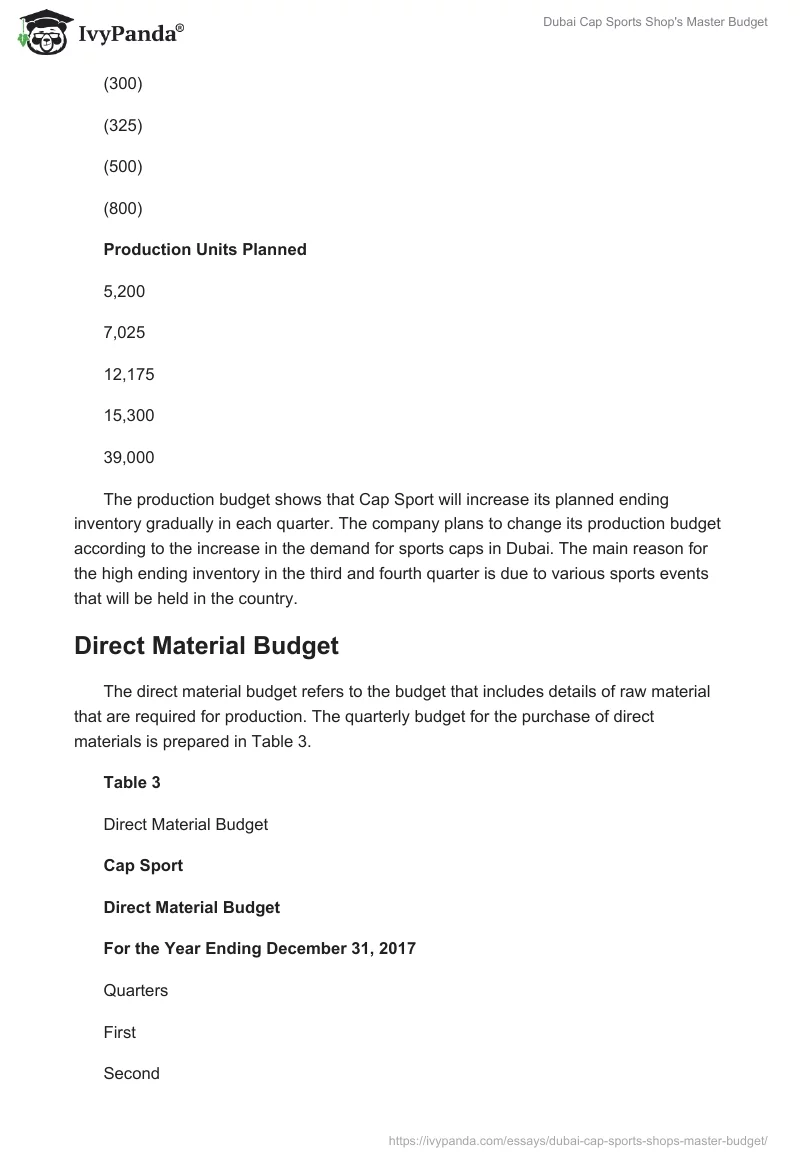 Dubai Cap Sports Shop's Master Budget. Page 5