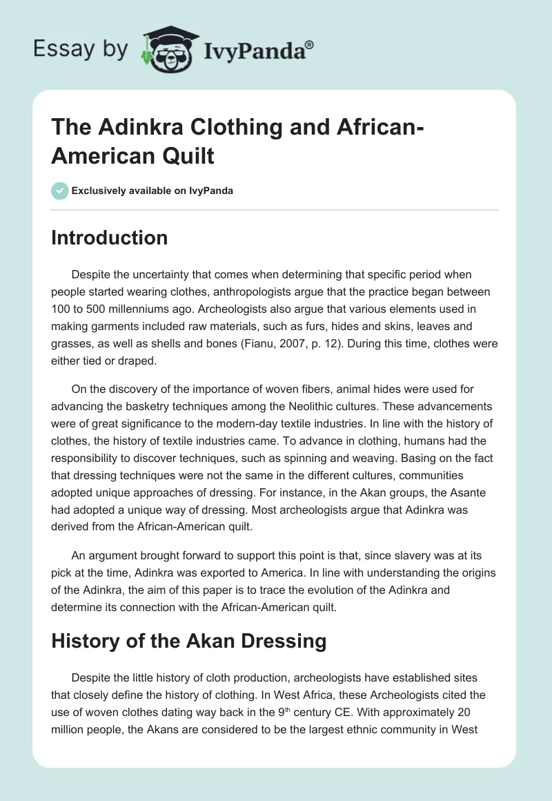 The Adinkra Clothing and African-American Quilt. Page 1