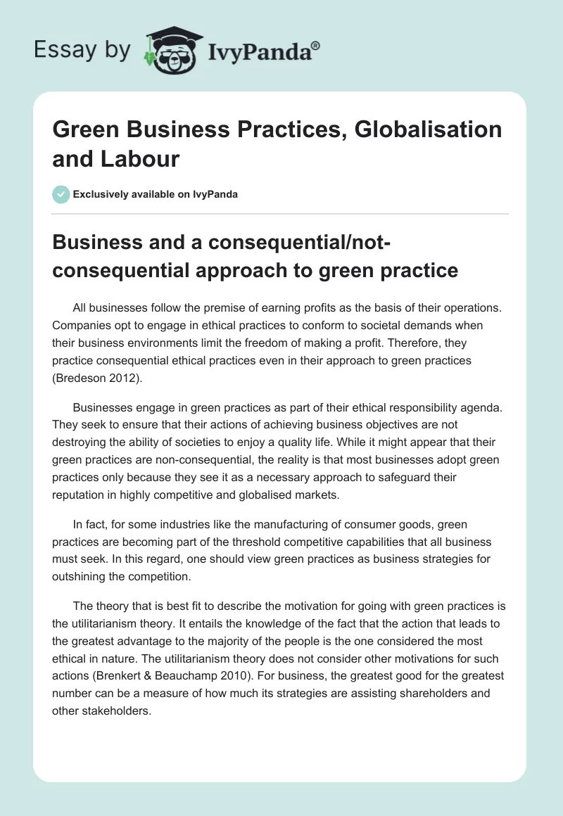 Green Business Practices, Globalisation and Labour. Page 1