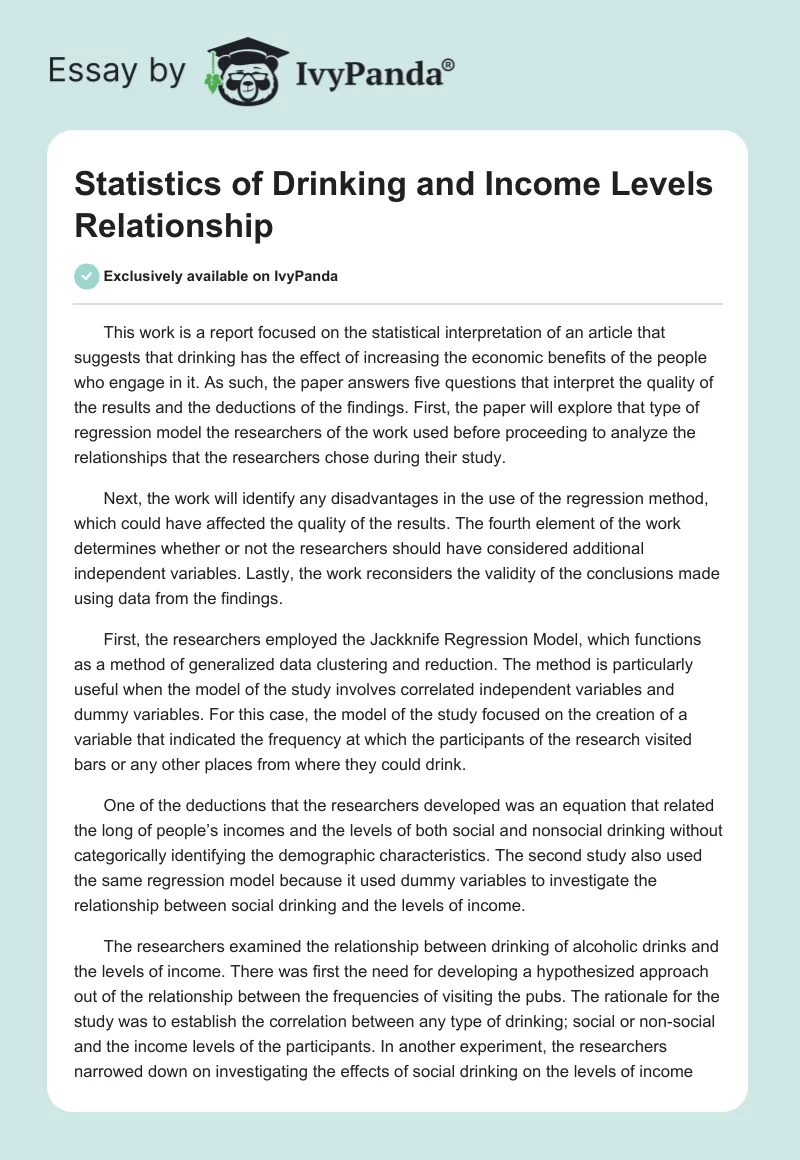 Statistics of Drinking and Income Levels Relationship. Page 1