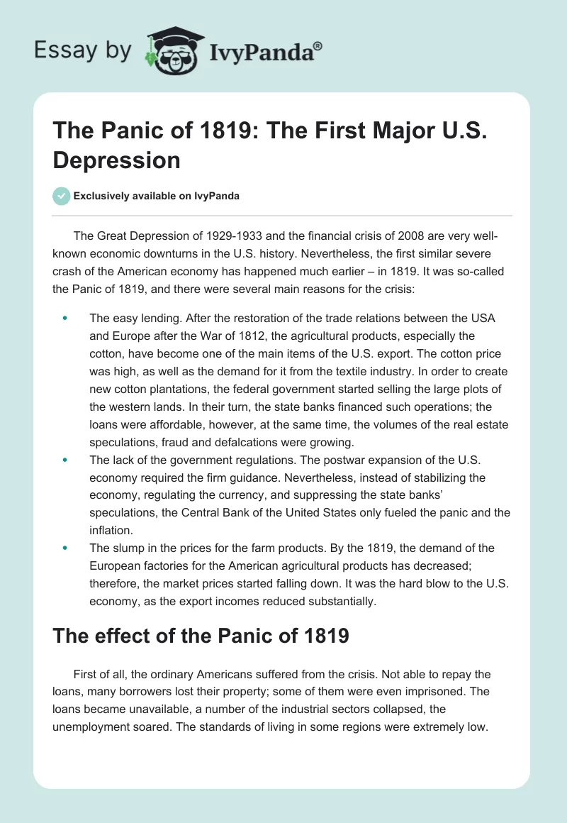 The Panic of 1819: The First Major U.S. Depression. Page 1