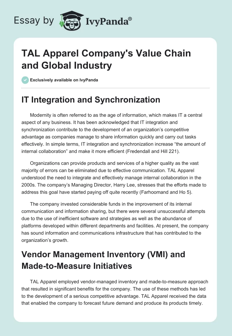 TAL Apparel Company's Value Chain and Global Industry. Page 1