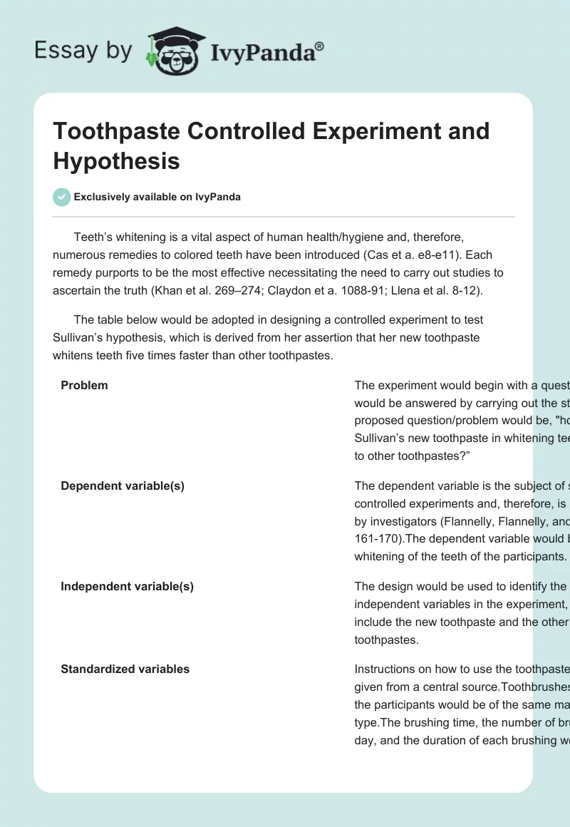 Toothpaste Controlled Experiment and Hypothesis. Page 1