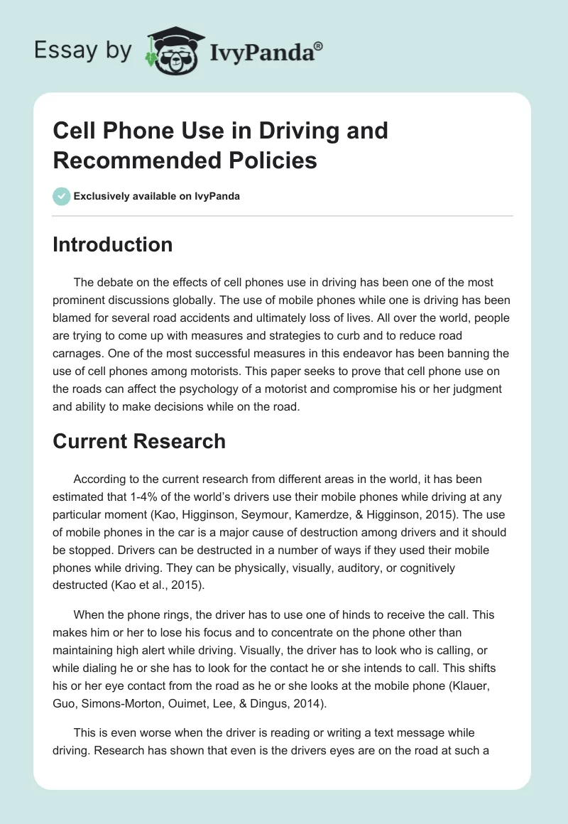 Cell Phone Use in Driving and Recommended Policies. Page 1