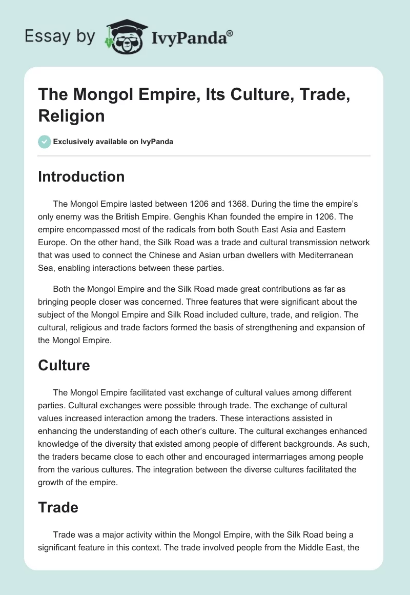The Mongol Empire, Its Culture, Trade, Religion. Page 1