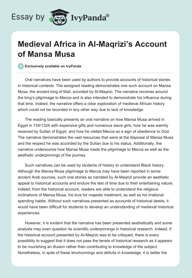 Medieval Africa in Al-Maqrizi’s Account of Mansa Musa. Page 1
