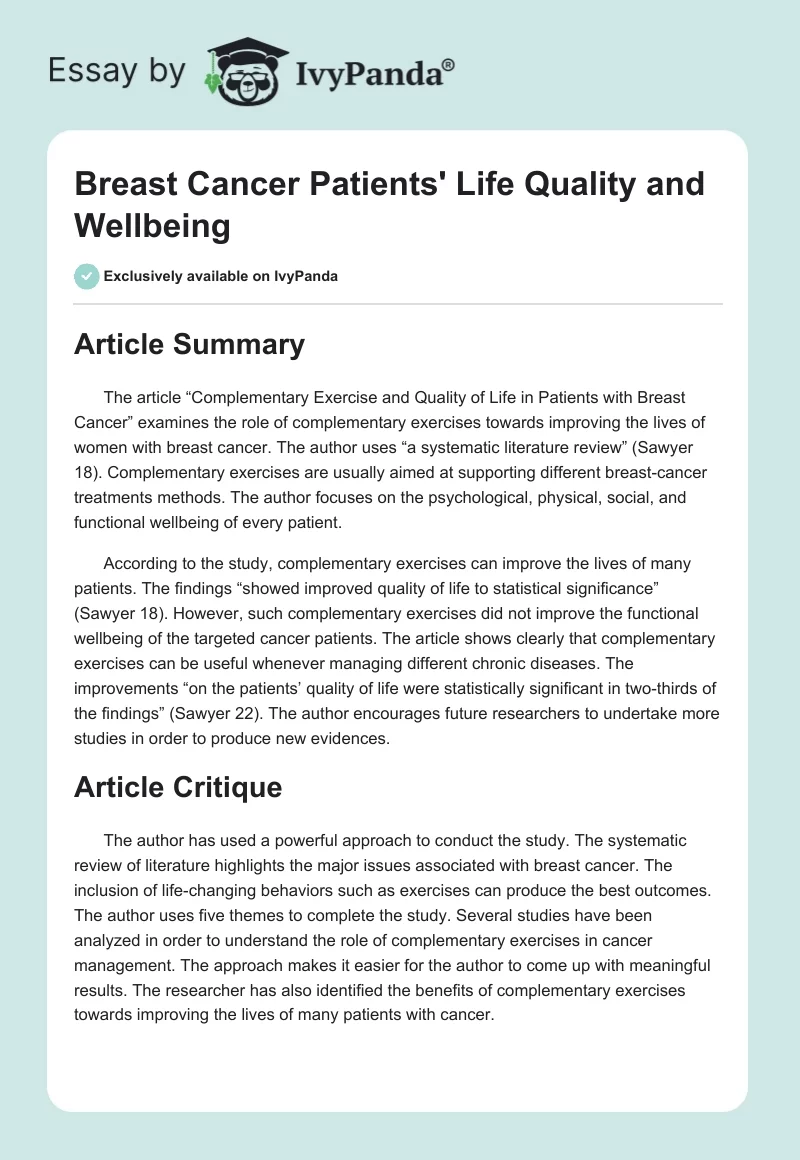 Breast Cancer Patients' Life Quality and Wellbeing. Page 1