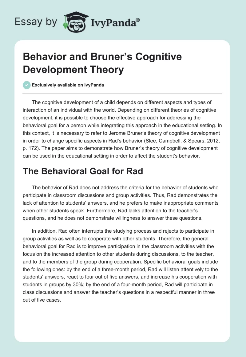Behavior and Bruner’s Cognitive Development Theory. Page 1