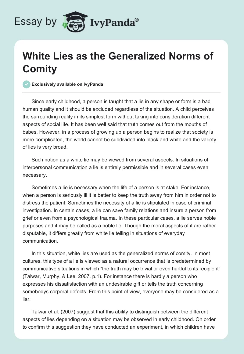 White Lies as the Generalized Norms of Comity. Page 1