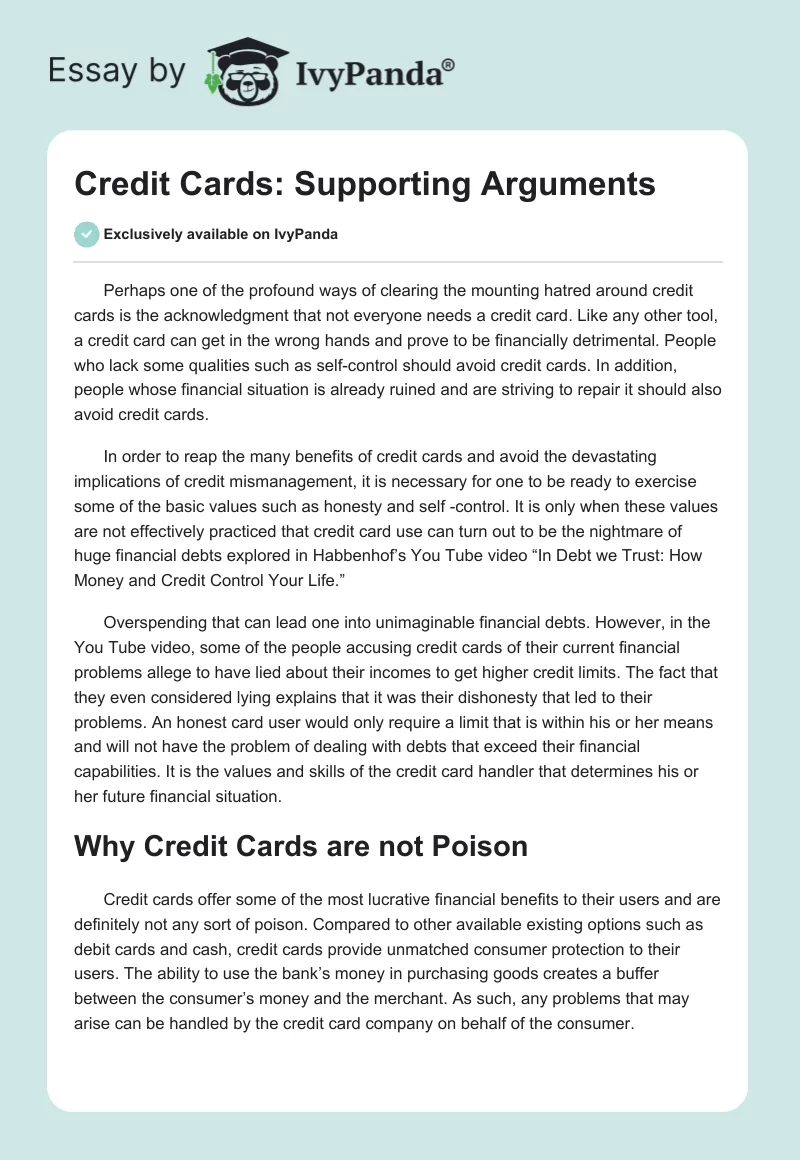Credit Cards: Supporting Arguments. Page 1