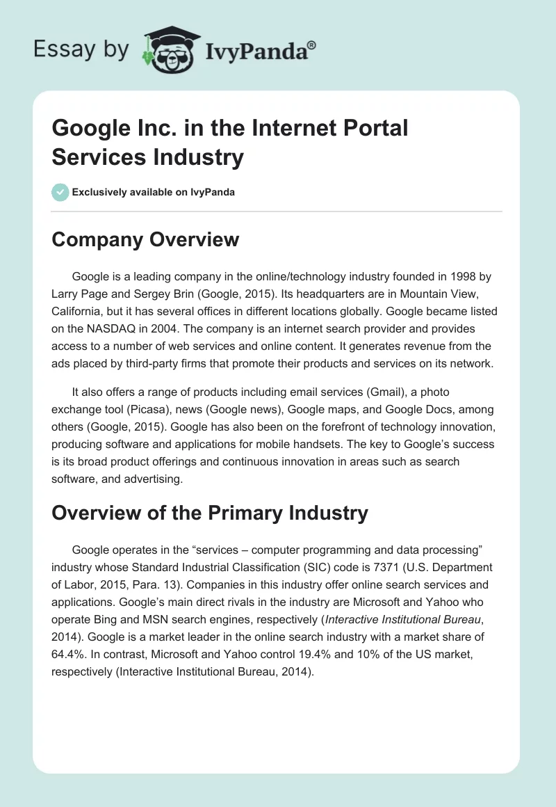 Google Inc. in the Internet Portal Services Industry. Page 1