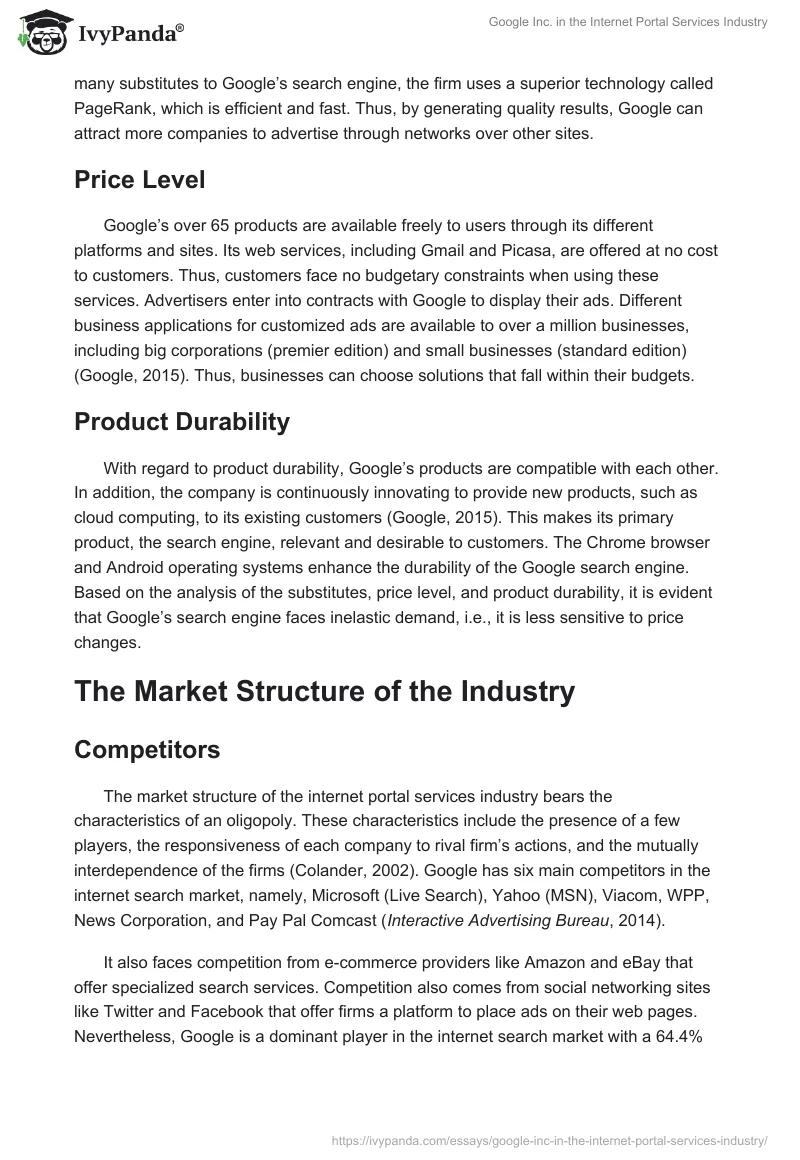 Google Inc. in the Internet Portal Services Industry. Page 5