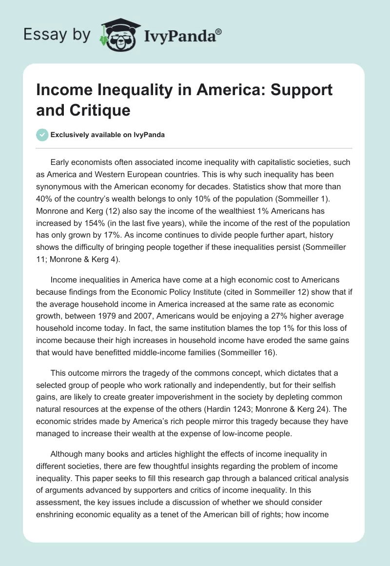 Income Inequality in America: Support and Critique. Page 1