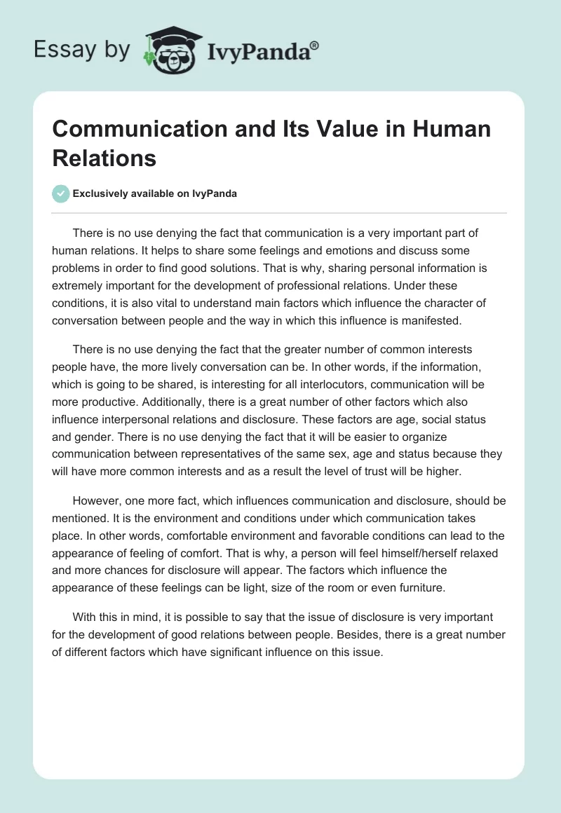 Communication and Its Value in Human Relations. Page 1